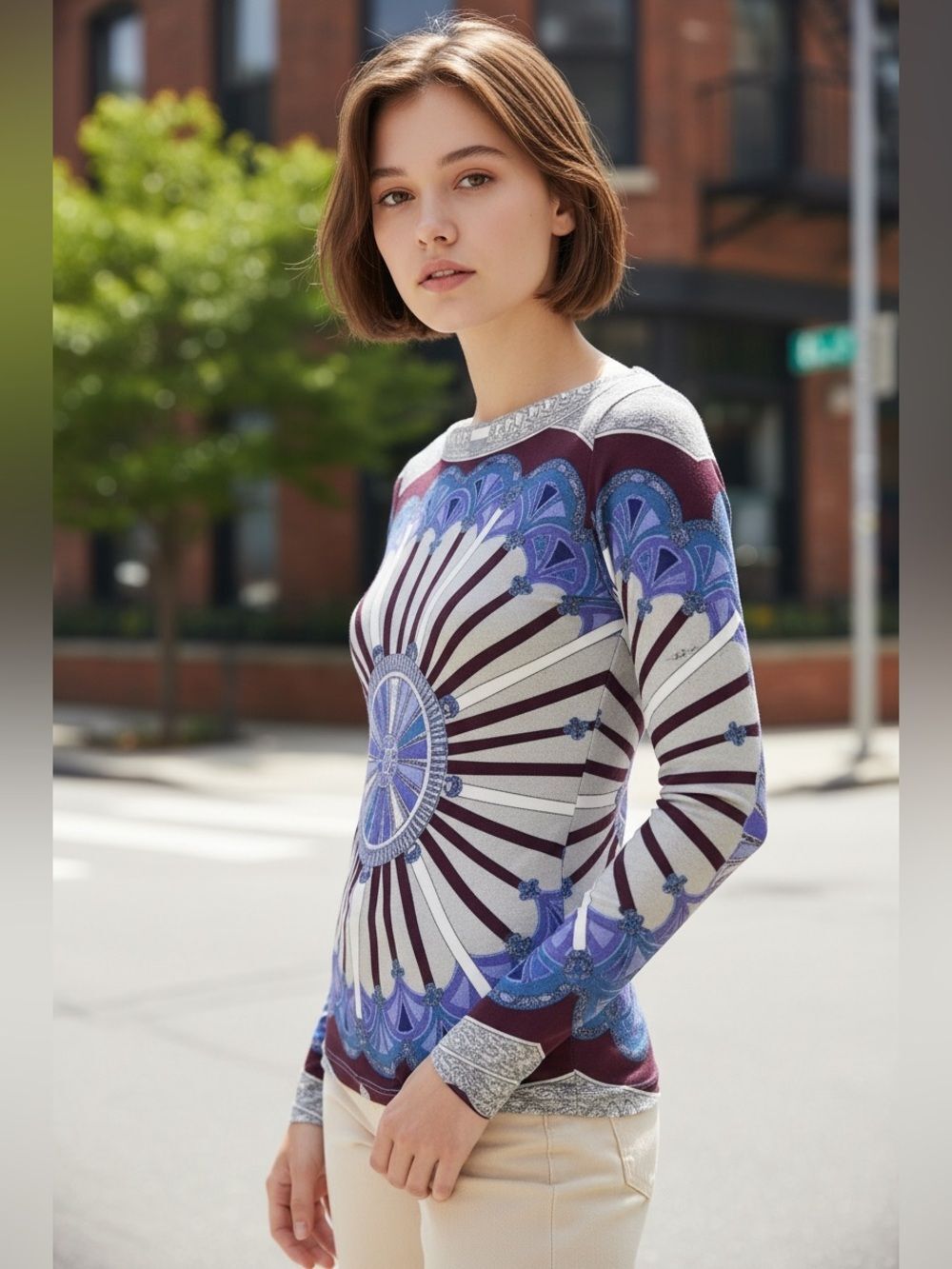 Emilio Pucci Multi-Color Printed Boat Neck Long Sleeve Top S